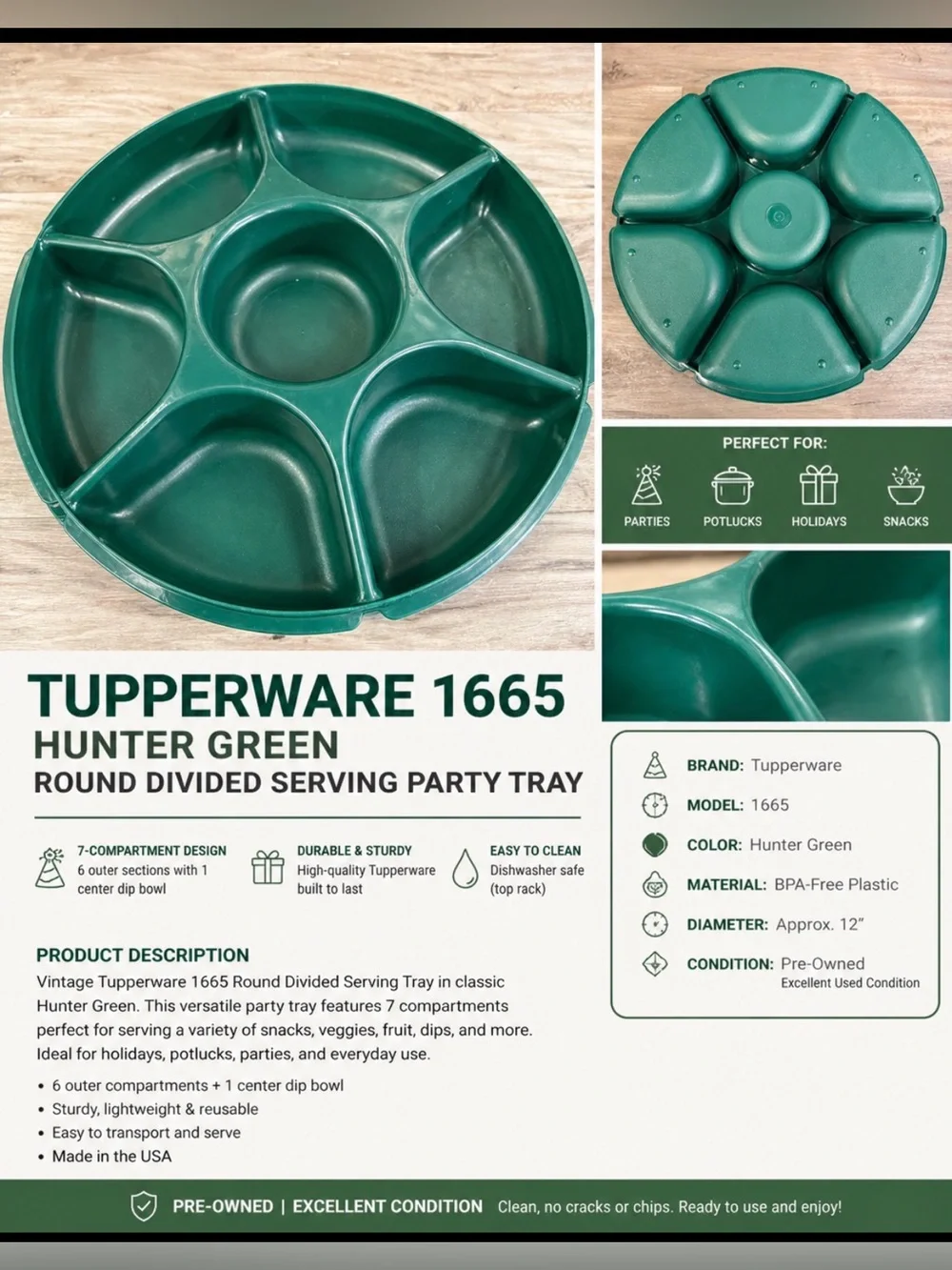 Tupperware 1665 Hunter Green Divided Serving Tray Vintage 7 Section